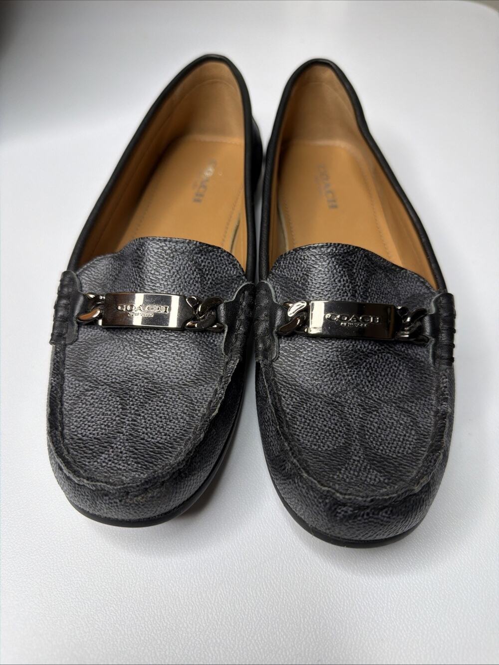 COACH Signature Olive 6.5B Jacquard Black & Smoke Women's Driving Loafer Logo
